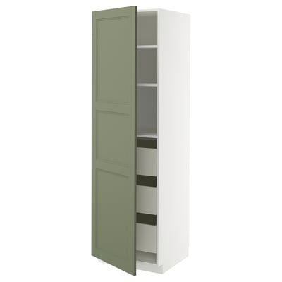 METOD kitchen cabinet, light green, white interior, tall, adjustable shelves, single door with bottom drawer.