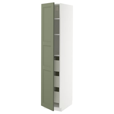 METOD cabinet, grey-green, tall, rectangular, with open door revealing shelves.