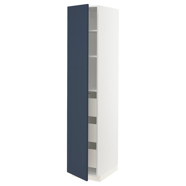 A white and blue ikea METOD kitchen cabinet with three shelves and a door.