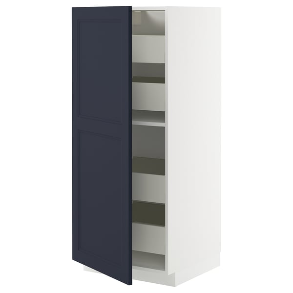Blue and white kitchen cabinet with adjustable shelves and soft-close drawers.