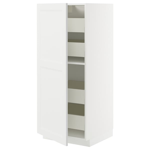 White METOD kitchen cabinet, sleek design with glass shelves, modern and sturdy.