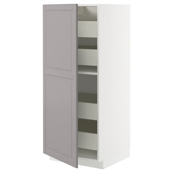A tall, slim, white closet with a single lavender door, multiple shelves inside.