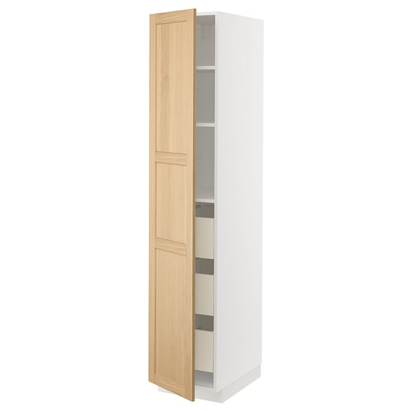 METOD white tall cabinet, oak door, 3 shelves, soft-close drawer.