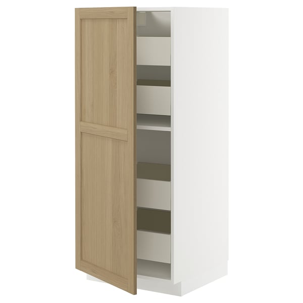 A white METOD kitchen cabinet with a wooden door. The cabinet has several adjustable shelves for storage.