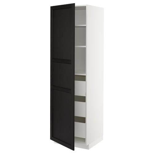 Modern kitchen cabinet, white & black, tall, wooden doors, adjustable shelves.