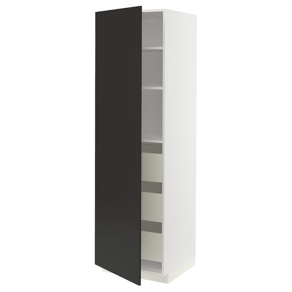 A white METOD kitchen cabinet with a black door and glass shelves.