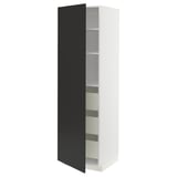 A white METOD kitchen cabinet with a black door and glass shelves.