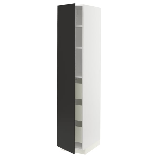 White METOD cabinet with open black door, sleek design.