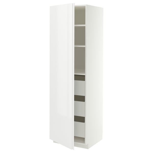 METOD / MAXIMERA High cabinet with drawers, white/VOXTORP high-gloss white vertical handle, 60x60x200 cm