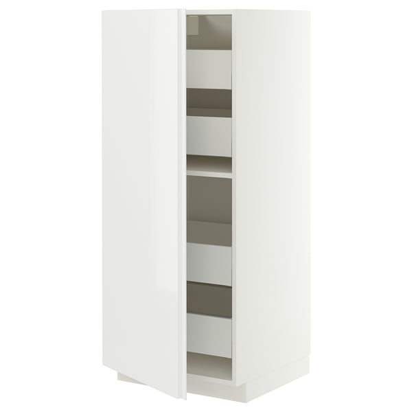 METOD / MAXIMERA High cabinet with drawers, white/VOXTORP high-gloss white vertical handle, 60x60x140 cm
