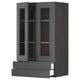 Modern grey kitchen cabinet with glass doors and drawers.