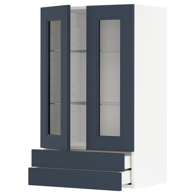 Modern dark blue kitchen cabinet with glass doors and drawers. Sleek, organized design. White background.