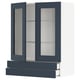 A blue METOD kitchen cabinet with glass doors and drawers. The glass doors have a modern look and the frame is made of particleboard and fiberglass.