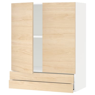 Light wood cabinet with two doors and a drawer; modern kitchen storage.
