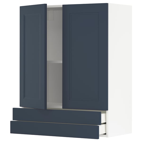 Depicts a dark blue METOD kitchen cabinet with two doors and two drawers, featuring a modern design.