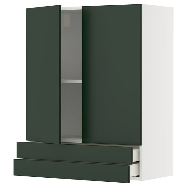 An ikea METOD wall cabinet in dark green with two drawers and two doors. Modern and functional design.