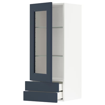 Modern blue glass door kitchen cabinet with smooth drawers, sleek handles, and adjustable shelving.