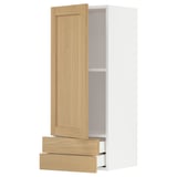 Modern kitchen unit, light wood doors, sleek design, open shelf, 2 drawers, white frame.