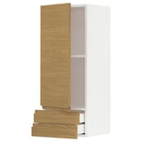 Modern kitchen cabinet with oak finish, minimalist design, white body, wooden drawers and doors.
