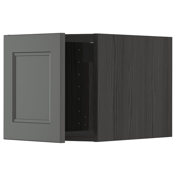 A dark grey IKEA METOD kitchen cabinet with a wooden look, featuring a single door with a recessed panel design.