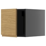 Horizontal kitchen cabinet: wooden front, gray right side, square shape.