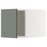 Modern grey-green kitchen unit from ikea. Sleek, frosted glass and sturdy construction.
