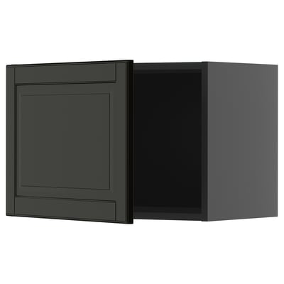 Gray kitchen cabinet, open door. Character count: 23