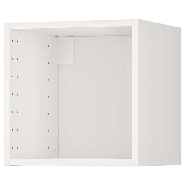 A white METOD wall cabinet from ikea. Its rectangular with a flat surface and glass doors, suitable for kitchen storage.
