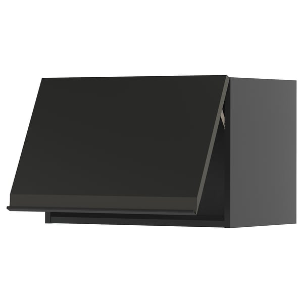Black modern kitchen cabinet, sleek matte finish, rectangular shape, handle-less design.
