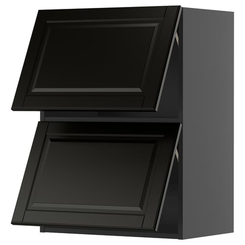 Black kitchen cabinet set with bevelled edges and 2 open drawers.