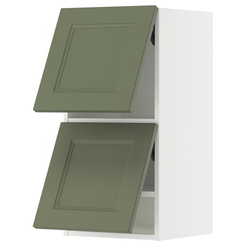 Two olive green kitchen wall cabinets with square doors and a modern design.