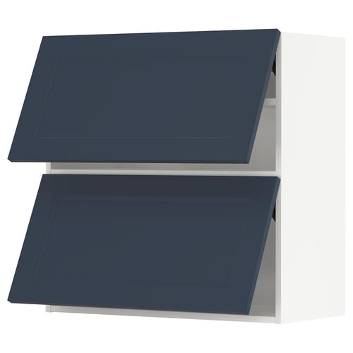 Two modern kitchen wall cabinets with blue doors, rectangular shape, sleek design.