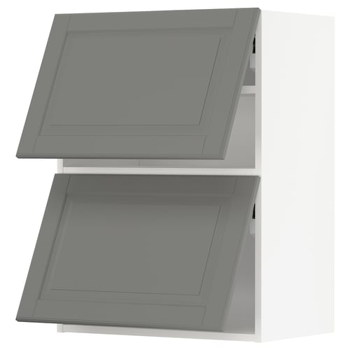 Grey kitchen cabinets, modern design, two stacked.