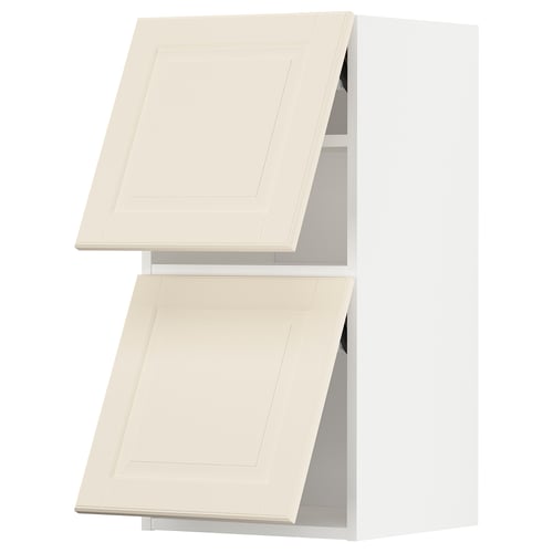 White off-kitchen cabinets: two wall units with bevelled off-white doors.