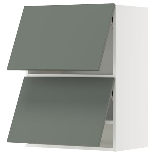 Two green-grey kitchen cabinets, one below the other, modern design.