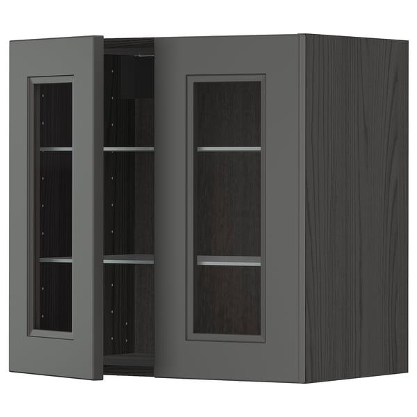 Modern kitchen cabinet with grey glass doors, rectangular shape, and sleek wood grain design.