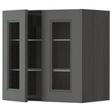 Modern kitchen cabinet with grey glass doors, rectangular shape, and sleek wood grain design.