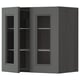 Modern kitchen cabinet with grey glass doors, rectangular shape, and sleek wood grain design.