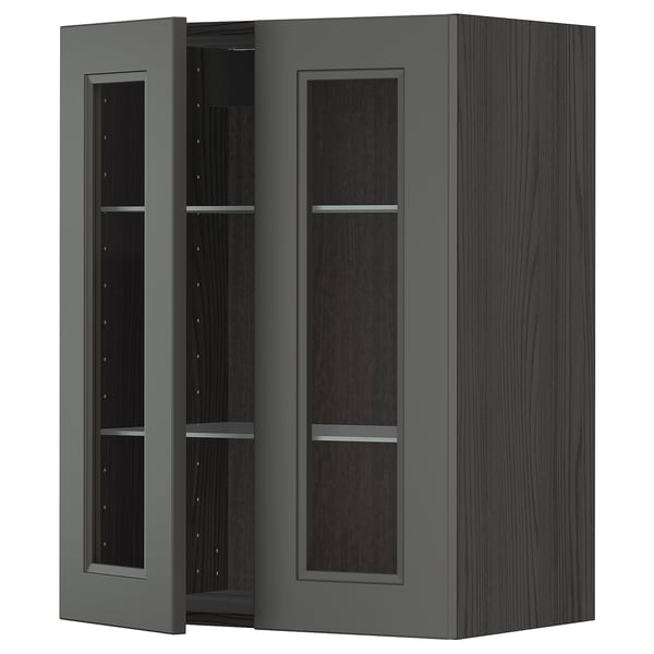 METOD wall cabinet: grey glass, dark wood, adjustable shelves