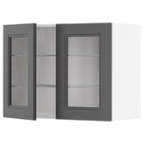 Gray glass-door wall cabinet, part of the METOD kitchen system, featuring adjustable shelves behind frosted glass doors with snap-on hinges.