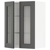 A dark grey METOD kitchen wall cabinet with clear glass doors displaying an open shelf inside.