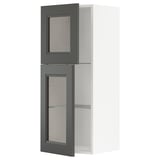 A grey METOD kitchen cabinet with glass doors and adjustable shelves.