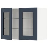 Modern blue glass-door kitchen cabinet with two shelves on left, one on right.