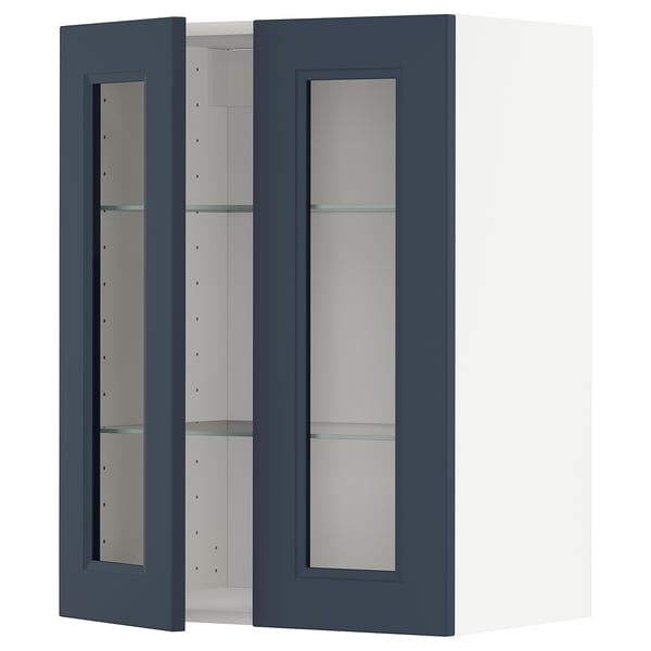 Blue glass-door kitchen cabinet with adjustable shelves and modern design.
