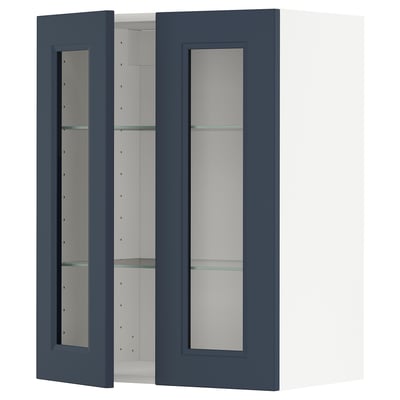 Blue glass-door kitchen cabinet with adjustable shelves and modern design.