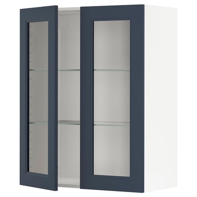 METOD kitchen cabinet with blue glass doors and white frame, square shape.