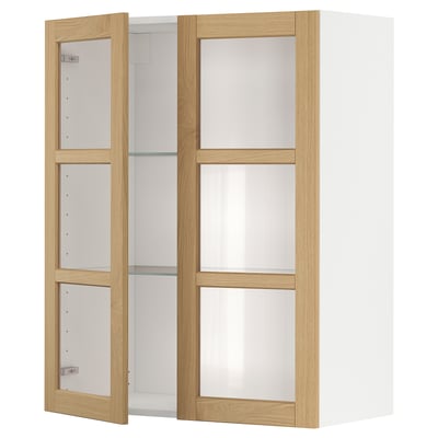 Open white METOD wall cabinet with oak doors and glass shelves.