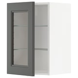 Modern grey cabinet with glass doors and white interior, part of the METOD system.