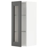 Modern grey glass cabinet, slim design, two glass shelves, ideal for kitchen or bathroom.