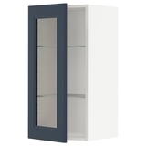 Blue glass door open on white cabinet, adjustable shelves.